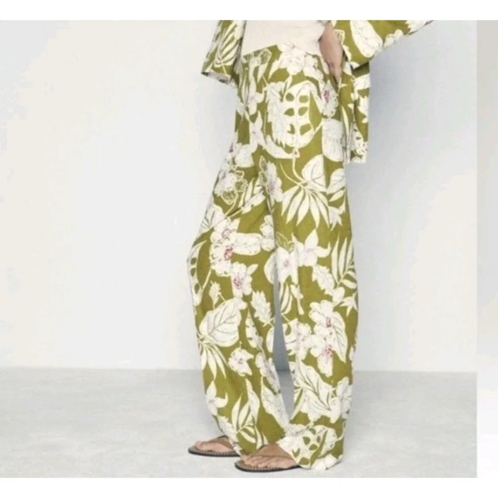 Zara Floral Print Linen Blend Pants Size L NWT